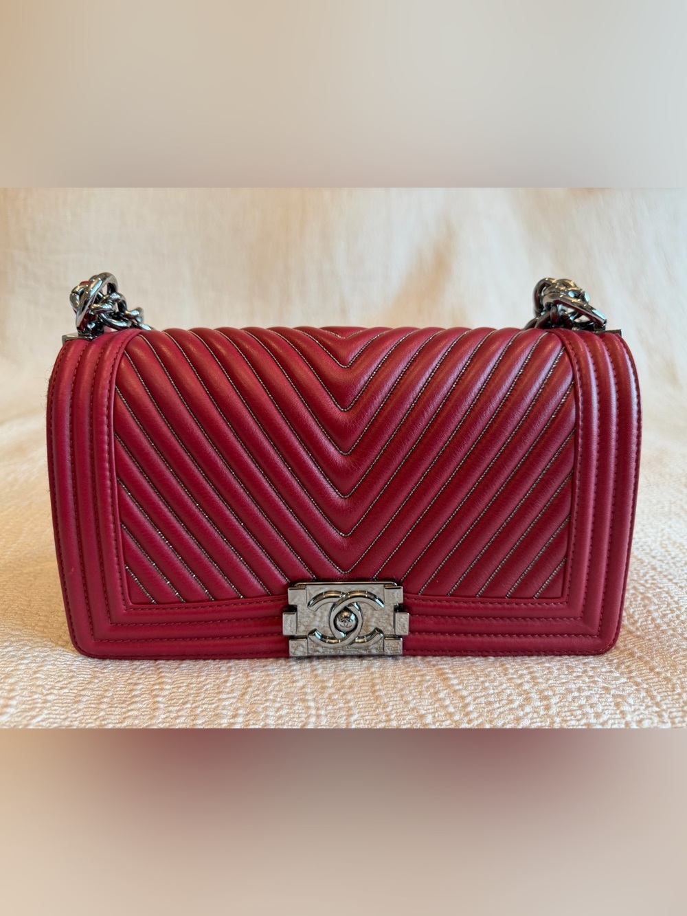 CHANEL Chevron Quilted Boy Bag in Dark Red